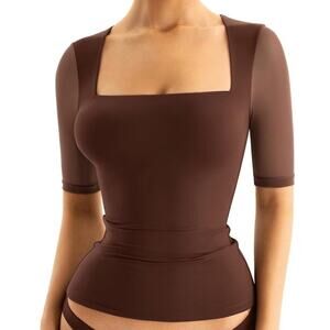 Sexy Square Neck Shirt Top Women’s Small Double Lined Half Mesh Sleeve Brown NEW